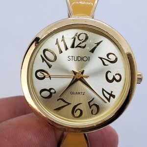 Studio 32MM Women's Open Cuff Watch‎ Gold Dial Gold Band 6" New Battery
